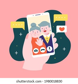 Flat illustration of female hand holding a mobile phone with a video call from grandparents.