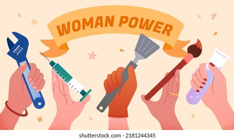 Flat illustration of female hands holding different profession tools under woman power banner