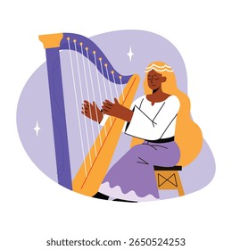 Uma ilustração plana de harpista irlandês feminino