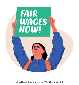 Flat illustration of a female protestor holding a chart written fair wages now 