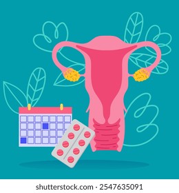 Ilustración plana del sistema reproductivo femenino con un calendario y píldoras, que simbolizan el ciclo menstrual, la anticoncepción y la conciencia sobre la salud reproductiva.