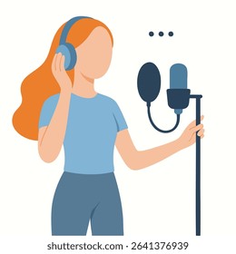 Flat Illustration Female Singer with Microphone and Headphones Design