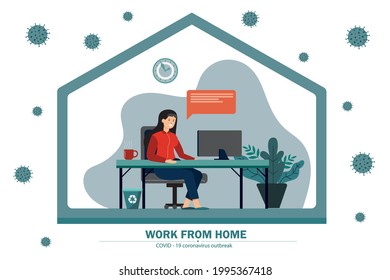 ilustración plana, trabajadora sentada en un escritorio con una computadora en su casa para prevenir la infección con covid 19