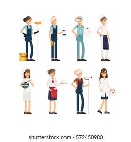 Flat illustration femalr group of people of different professions on a white background. Vector illustration in a flat style. Women of different professions