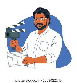 A flat illustration of film director holding a camera 
