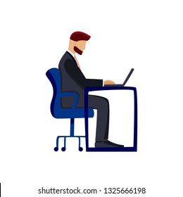 Flat Illustration Financial Advisor Sit at  Table. Vector Cartoon on White Background. Bearded Man in  Business Suit Makes Up  Financial Budget for his Client to Increase  Level Material Well-being.
