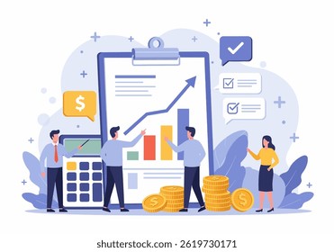 Flat illustration of financial growth and business success, with team analyzing positive trends and investment opportunities. highlights modern approach to financial management and strategic planning