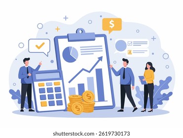 Flat illustration of financial growth and business success, with team analyzing positive trends and investment opportunities. highlights modern approach to financial management and strategic planning