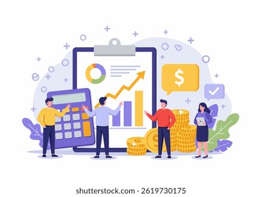 Flat illustration of financial growth and business success, with team analyzing positive trends and investment opportunities. highlights modern approach to financial management and strategic planning