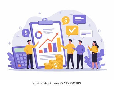 Flat illustration of financial growth and business success, with team analyzing positive trends and investment opportunities. highlights modern approach to financial management and strategic planning