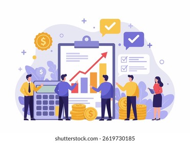 Flat illustration of financial growth and business success, with team analyzing positive trends and investment opportunities. highlights modern approach to financial management and strategic planning