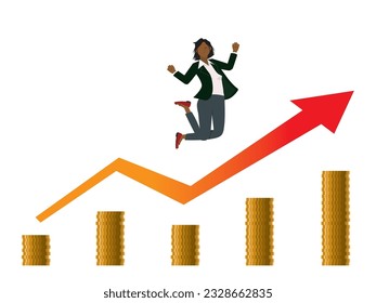 Ilustración plana de la imagen financiera. Mujer negra feliz de ganar dinero y su flecha en alza y carta de monedas.