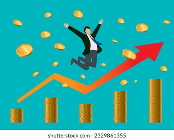 Flat illustration of financial image. An oriental man who is happy to make money, an arrow rising to the right, and a chart of coins.