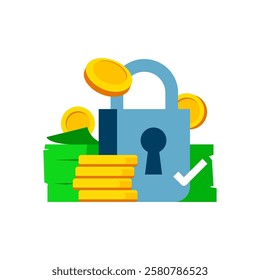 Flat illustration of financial security and safe transactions. banknotes, coins, padlock and check mark. secure payments, fraud prevention, and guaranteed fund protection. encrypted financial systems