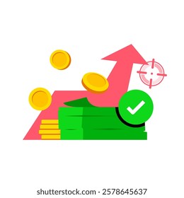 flat illustration of financial success and goal achievement. Stack of money, an upward trending graph, and check mark. business growth, investment success, savings, and financial milestones