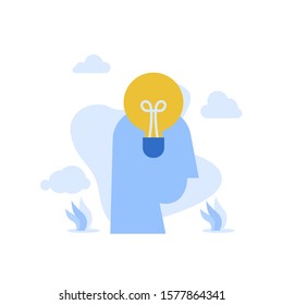 Flat illustration find idea brainstorming head and bulb with mini people team work together