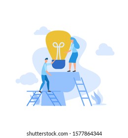 Flat illustration find idea brainstorming head and bulb with mini people team work together