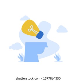 Flat illustration find idea brainstorming head and bulb with mini people team work together