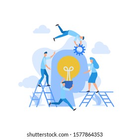 Flache Illustrationen finden Ideen Brainstorming Kopf und Glühbirne zusammen mit Mini-Leuten Team zusammenarbeiten