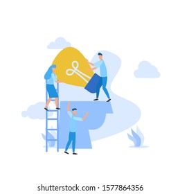 Flat illustration find idea brainstorming head and bulb with mini people team work together