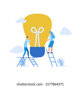 Flat illustration find idea brainstorming head and bulb with mini people team work together