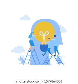 Flat illustration find idea brainstorming head and bulb with mini people team work together