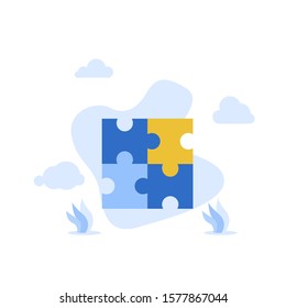 Flat illustration find idea brainstorming puzzle with mini people team work together