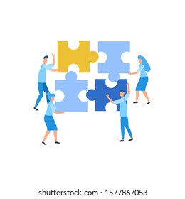 Ilustración plana encontrar el rompecabezas de lluvia de ideas con el equipo de minipersonas trabajar juntos