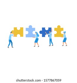 Flat illustration find idea brainstorming puzzle with mini people team work together