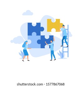 Flat illustration find idea brainstorming puzzle with mini people team work together