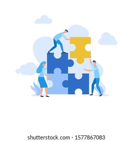 Flat illustration find idea brainstorming puzzle with mini people team work together