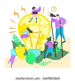 Flat illustration of find the idea of brainstorming the head and lamp puzzle with people working as a team together.