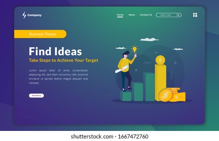 Flat illustration to find ideas to get target or success, Take step to success illustration on landing page template