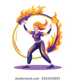 A flat illustration of a fire performer rotating a ring 

