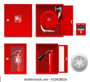 Flat illustration fire shield, fire cabinet, fire extinguisher, fire alarm.