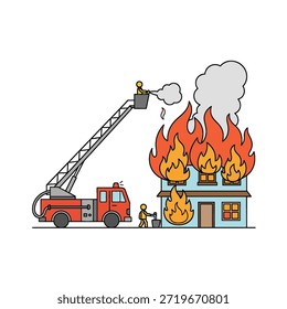 Flache Illustration eines Feuerwehrmannes, der ein brennendes Haus mit einem Wasserschlauch neben einem Feuerwehrauto löscht, als Symbol für Notfallmaßnahmen, Rettungsdienste und Brandschutz.