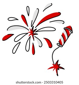 flache Darstellung eines Feuerwerks aus fliegenden Tröpfchen und einer Rakete in Form von rot-weißen Streifen, stilisiert unter der kanadischen Flagge. Feuerwerkskörper aus fliegenden Tröpfchen, eine Explosion