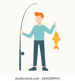 Ilustração plana de pescador que detém uma atividade de captura de peixe