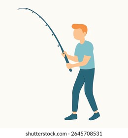 Flat Illustration Fisherman Silhouette Holding Rod Ready To Catch Fish