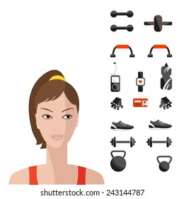 Flat illustration of fitness elements. Flat icon of fitness equipment. Fitness elements.  Vector flat design of fitness. Fitness details. Fitness woman. Fitness equipments. Fitness graphic. Women face