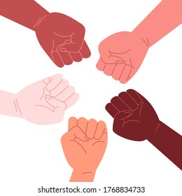 Flat illustration of five fists of different skin tones. Unity concept