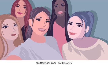Flat illustration with five girls taking a selfie. Mixed races and cultural diversity, friendship concept.
