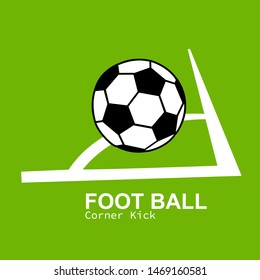 Flat illustration of flag corner black outline soccer ball on a white line and green background vector.