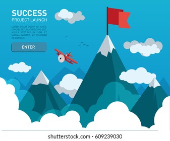 Flat illustration with a flag on the top of the mountain top symbol of success, goal, achievements in business life