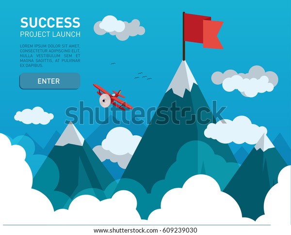 山の頂上に旗が付いた平らなイラスト 成功 目標 実績 のベクター画像素材 ロイヤリティフリー