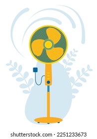 Flat illustration of floor fan. Air conditioner. Electric fan vector isolated icon. Air fan and flora background.	 