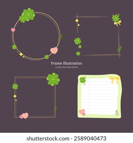 Flat illustration. Flower, spring, photo decoration, memo illustration design. Lucky four-leaf clover, crova illustration frame design set. Vector illustration.