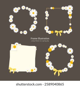 Flat illustration. Flower, spring, photo decoration, memo illustration design. White daisy flower in full bloom on spring day, dandelion illustration frame design set. Vector illustration.
