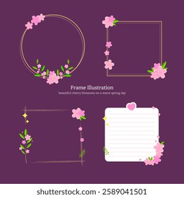 Flat illustration. Flower, spring, photo decoration, memo illustration design. Pink cherry blossom illustration frame design set in full bloom on spring day. Vector illustration.