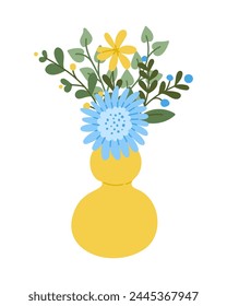 Flat illustration with flowers in yellow modern vase. Flat hand drawn colored elements on white background. Unique print design for printout, poster, interior. Spring modern concept